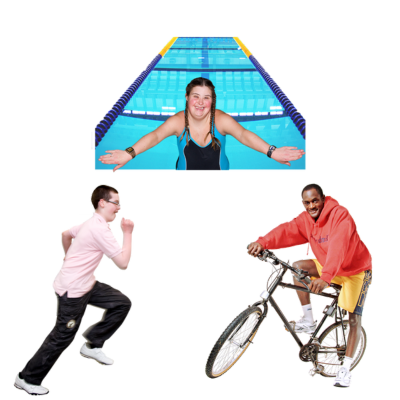 an image of a woman with down syndrome swimming, a man running and a man on a bike