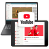 A laptop and tablet with the youtube website open and the logo in the middle of the two devices