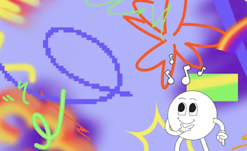 A cartoon of a ball with arms, legs and facial features with musical notes above its head