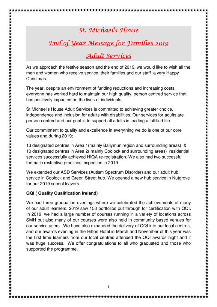 End of Year Message for Families - Adult Services 2019