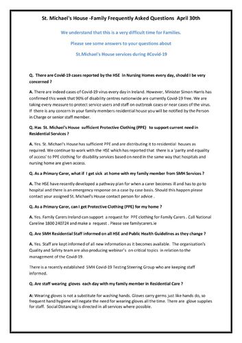 St. Michael's House -Family Frequently Asked Questions  April 30th